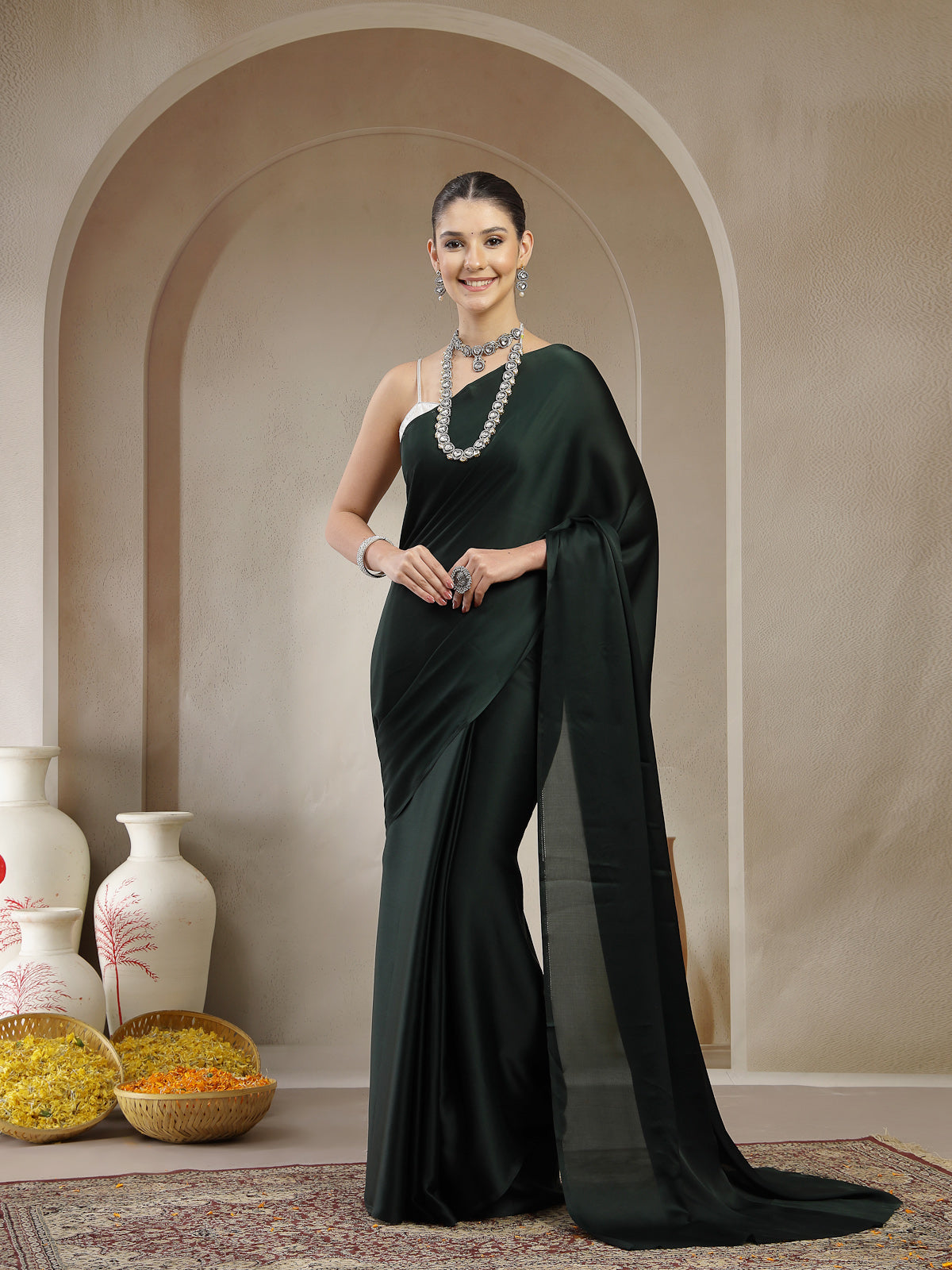 Elegant Forest Green Satin Saree