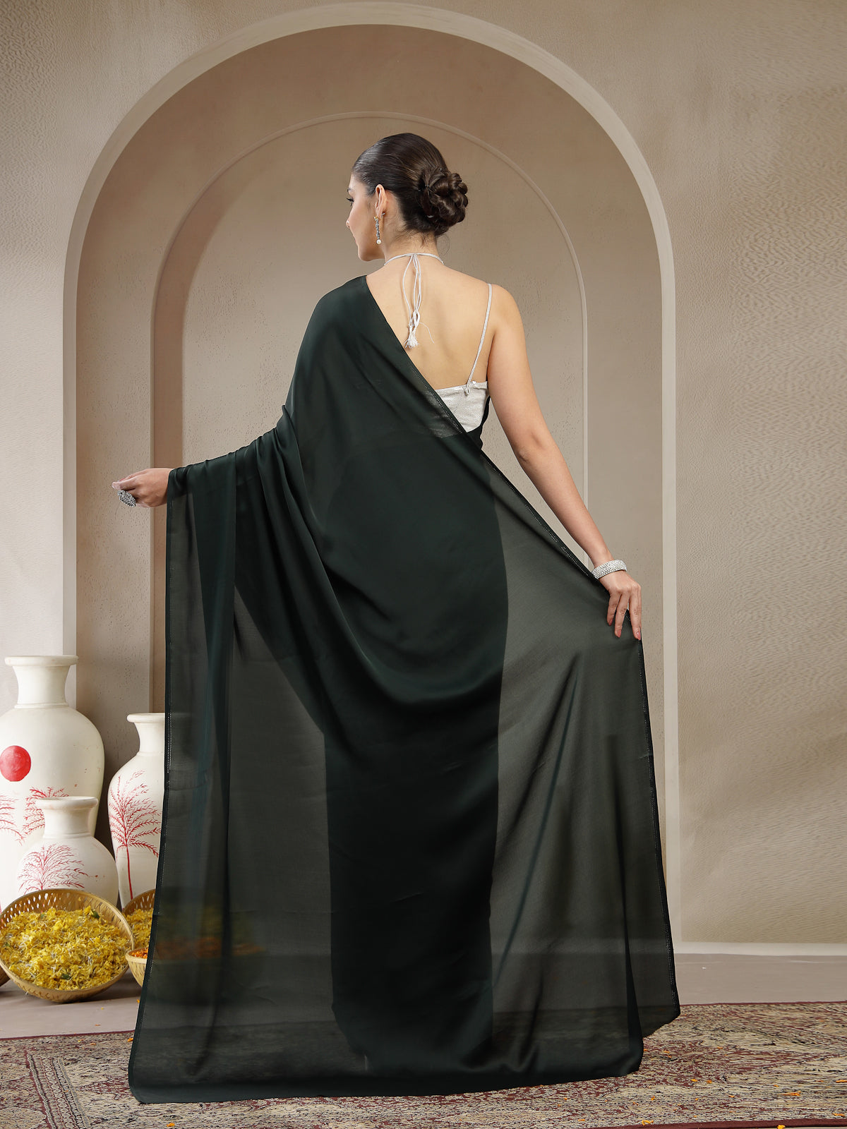 Elegant Forest Green Satin Saree