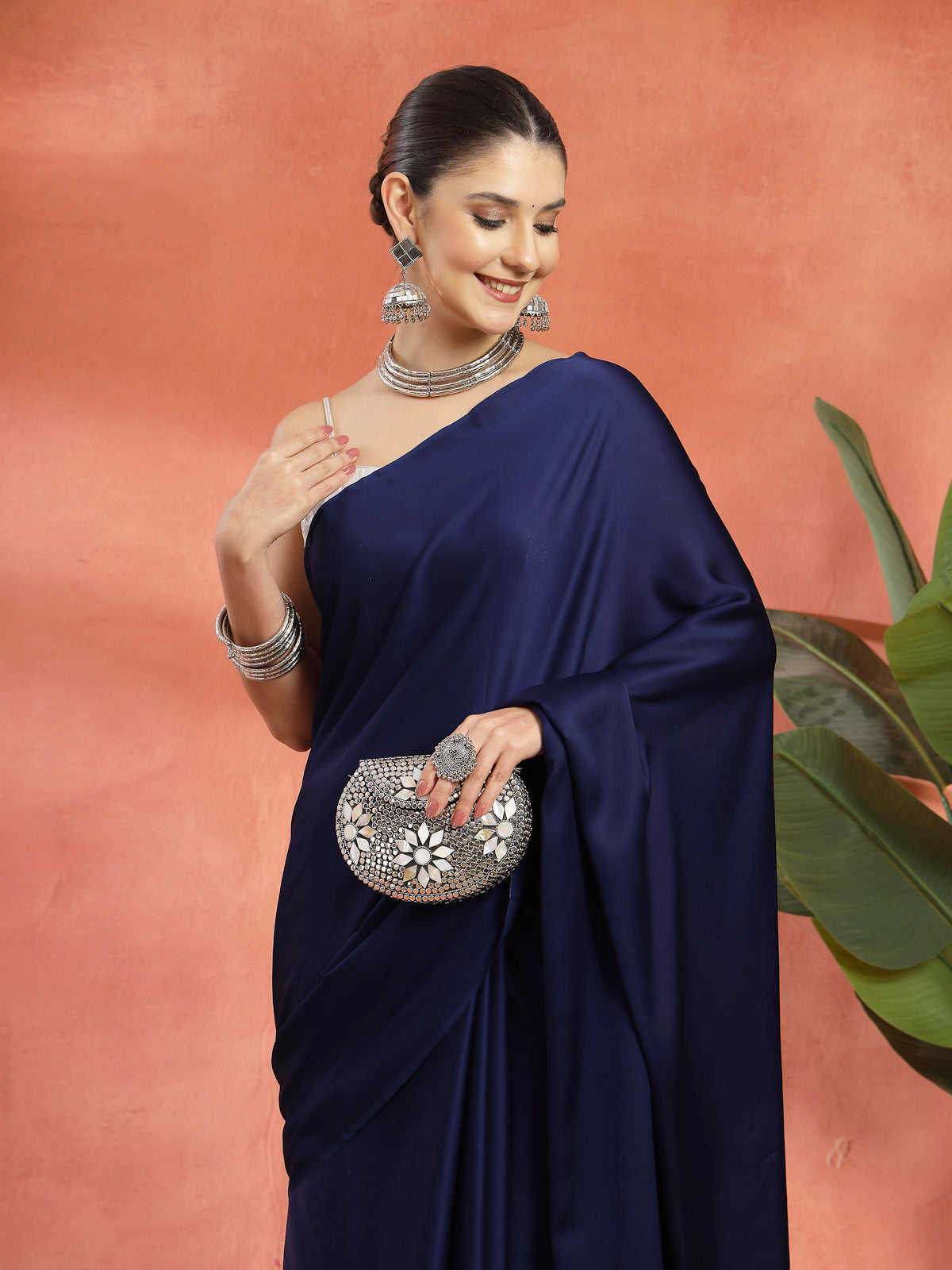 Navy Blue Satin Saree