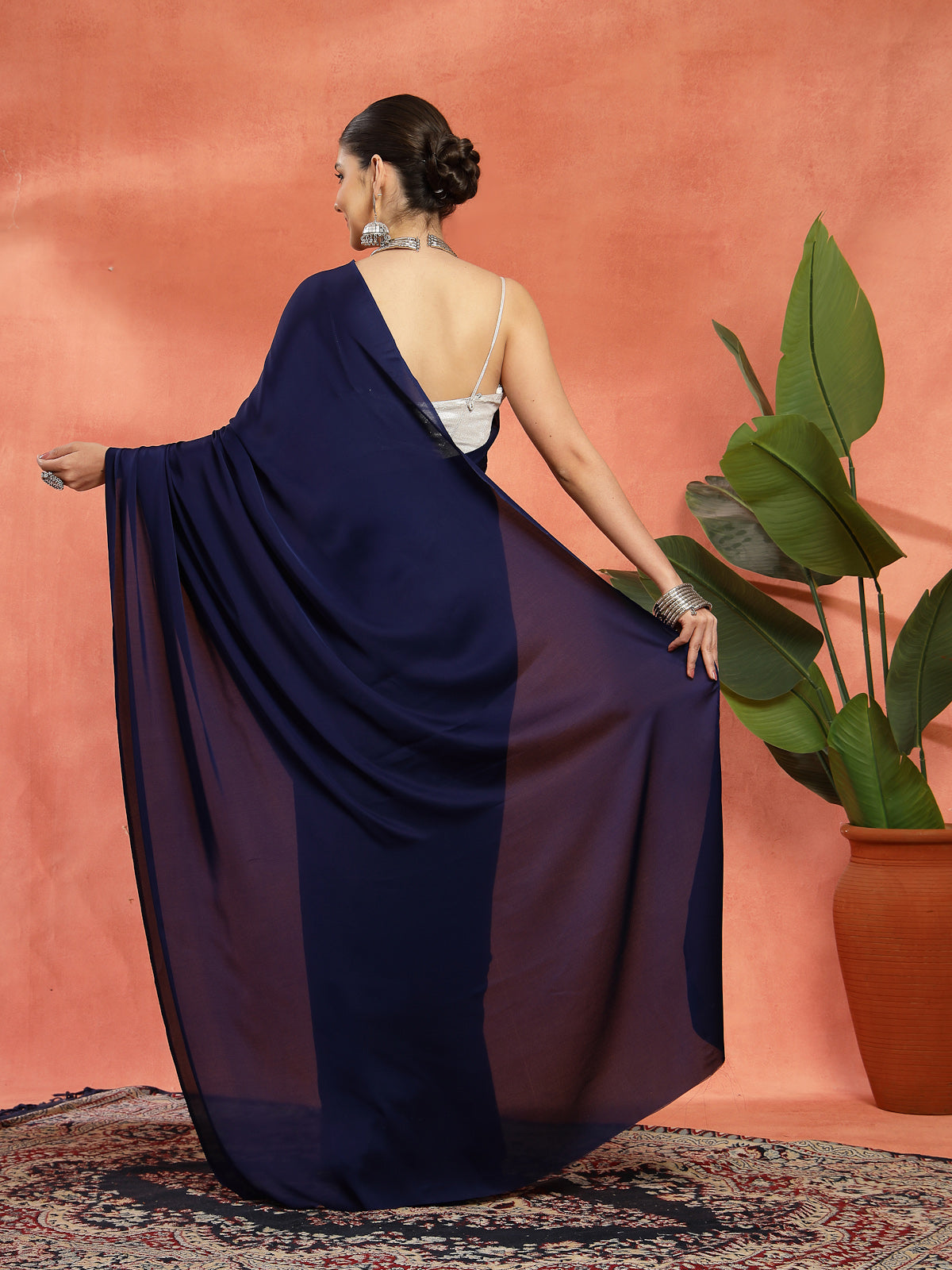 Navy Blue Satin Saree