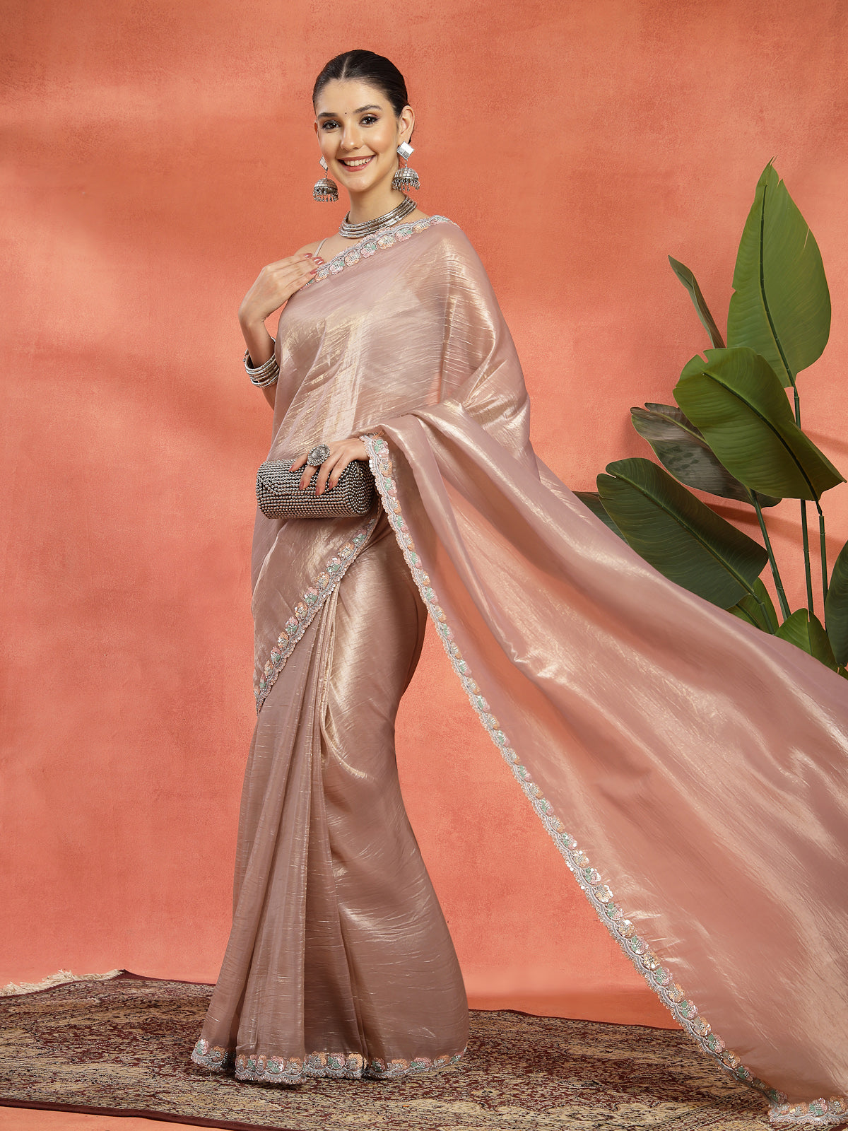 Rose Gold Organza Saree with Silver Sequin Border