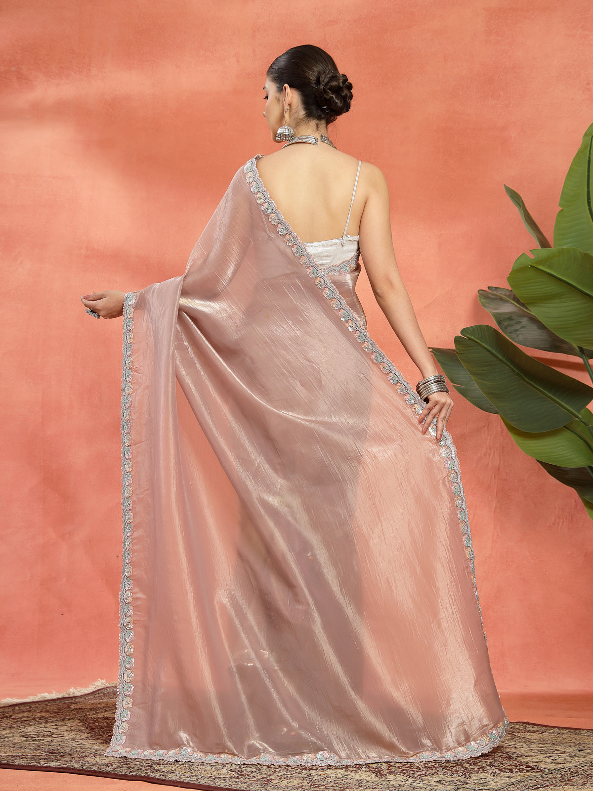 Rose Gold Organza Saree with Silver Sequin Border