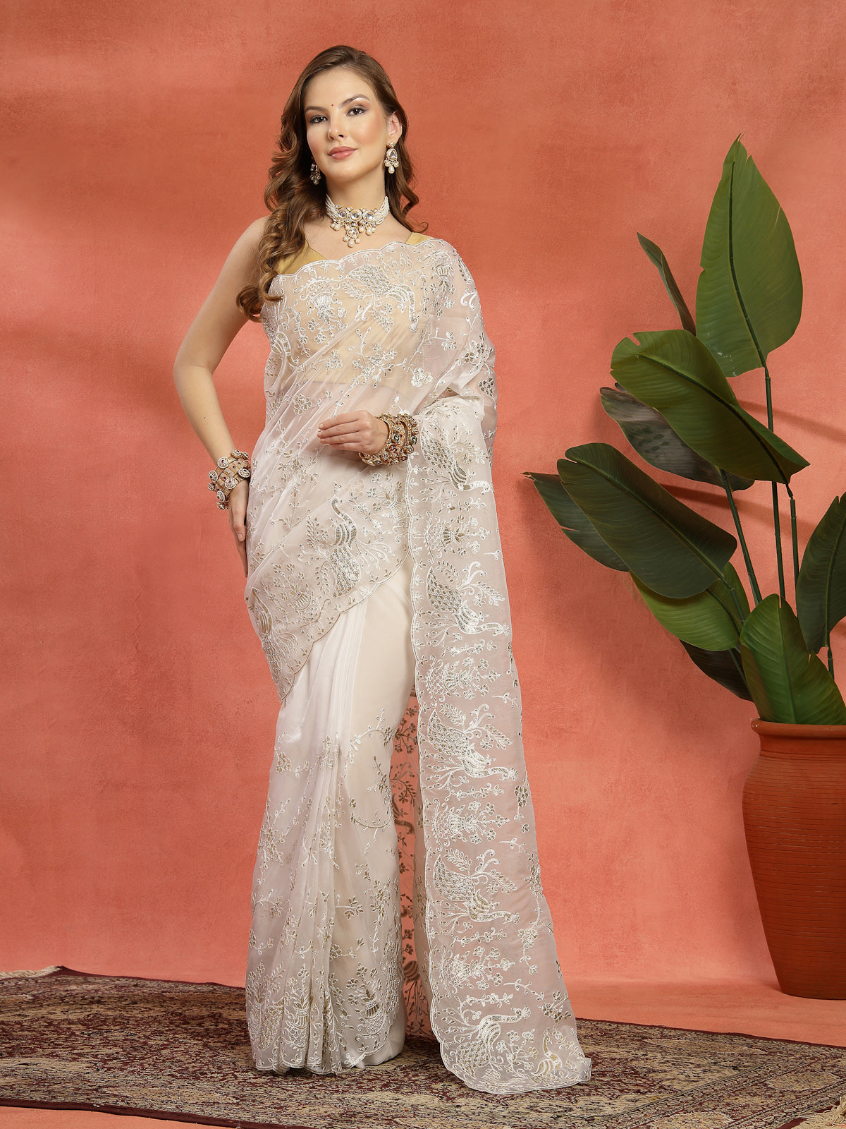 Light Pink intricate Silver Toned Embroidery Organza Saree