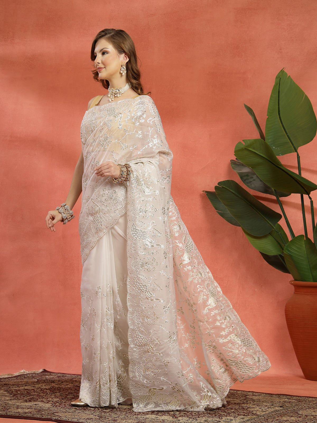 Light Pink intricate Silver Toned Embroidery Organza Saree