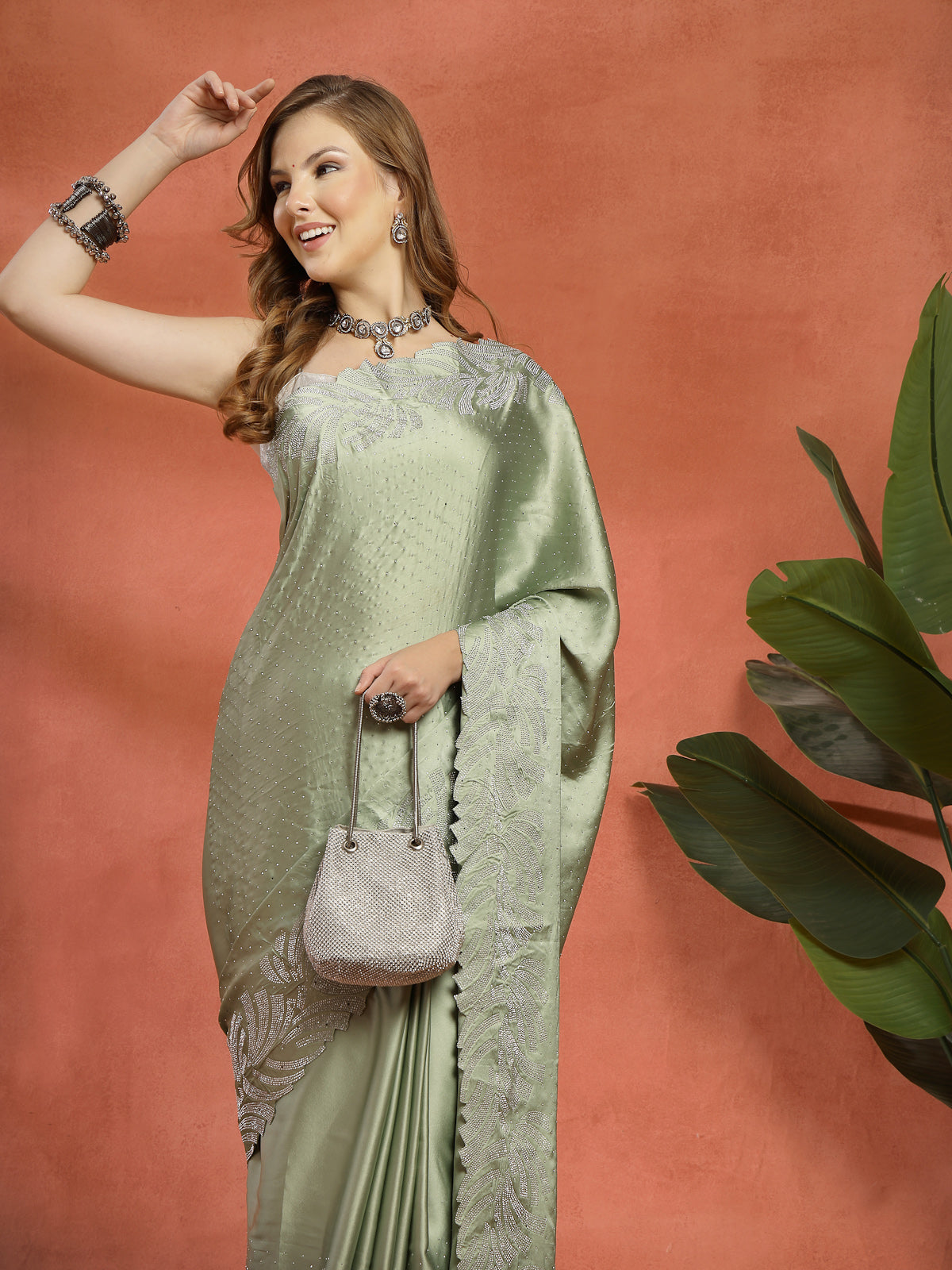 Sage Green Embroidered Organza Saree