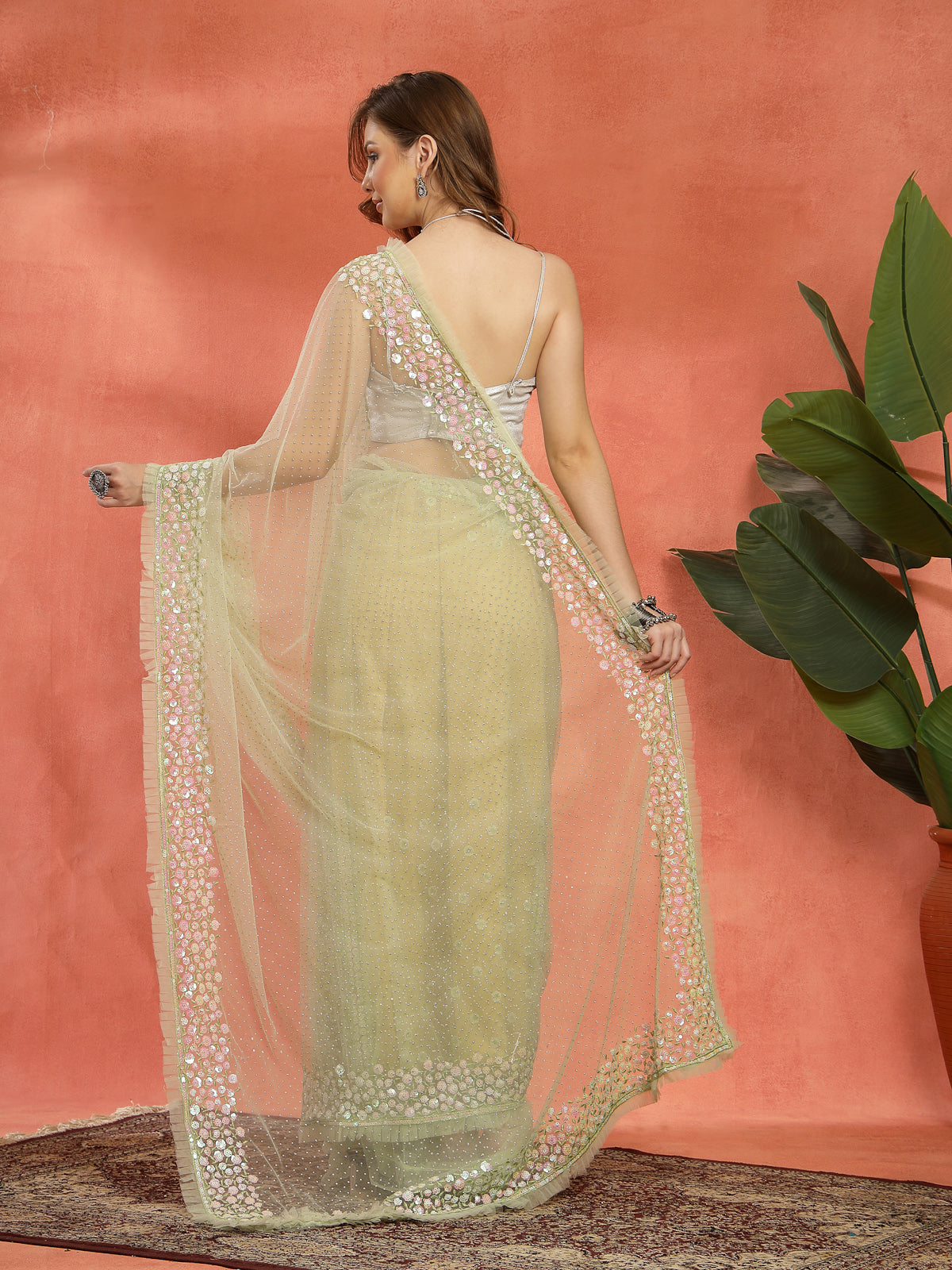 Organza Chikankari Saree with Pink & Green Thread Work