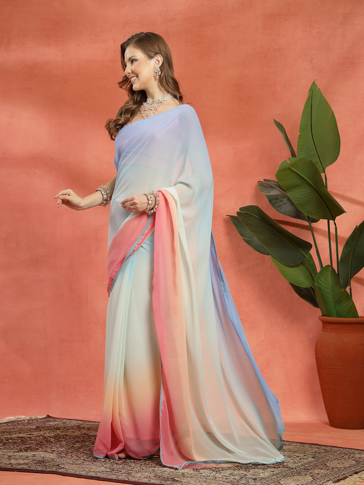 Pastel Blue, White, and Pink Organza Rich Border Saree