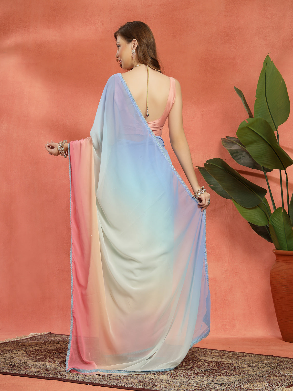 Pastel Blue, White, and Pink Organza Rich Border Saree