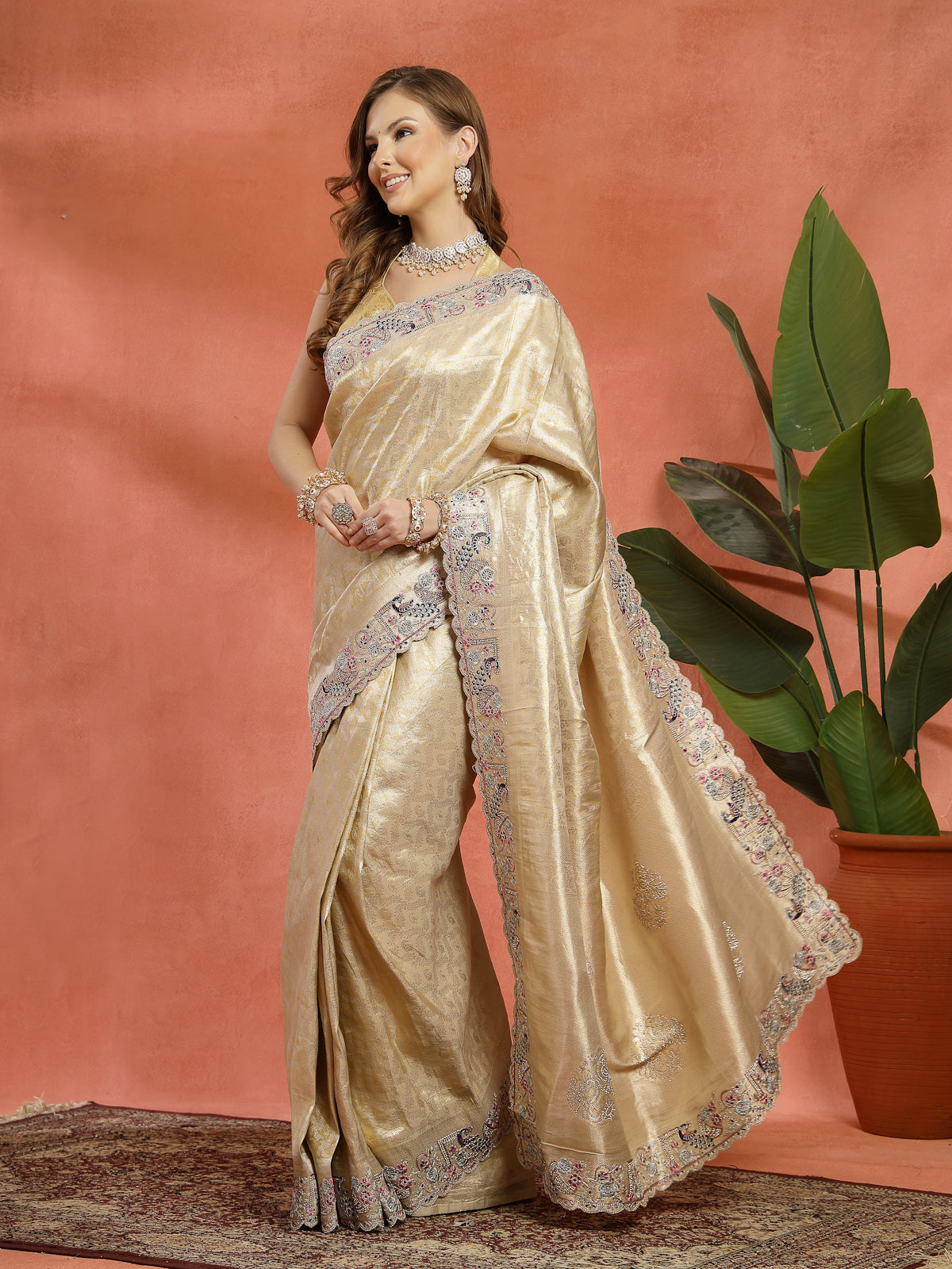 Champagne Gold Organza Saree with Scalloped Zari Border