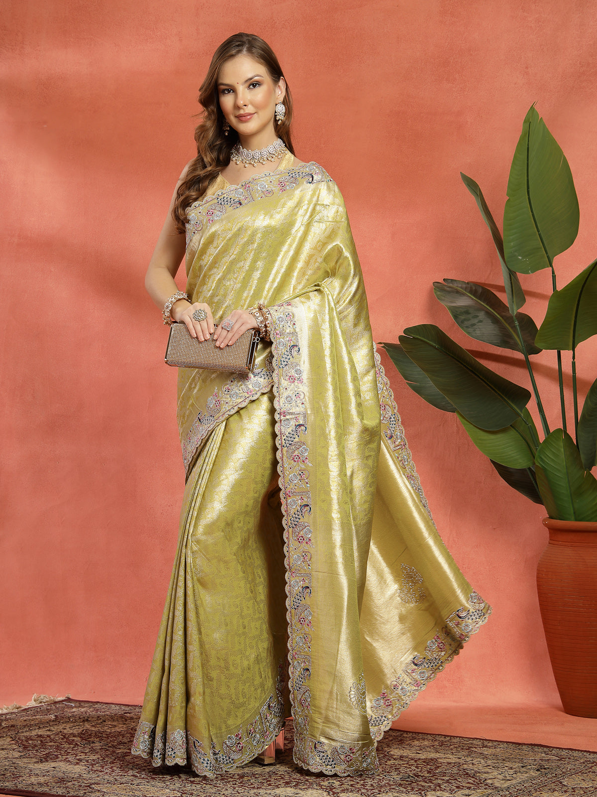 Olive Green Organza Embroidered Saree