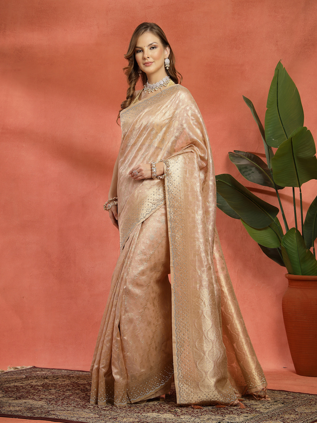 Blush Pink Handmade Zari Work Organza Saree