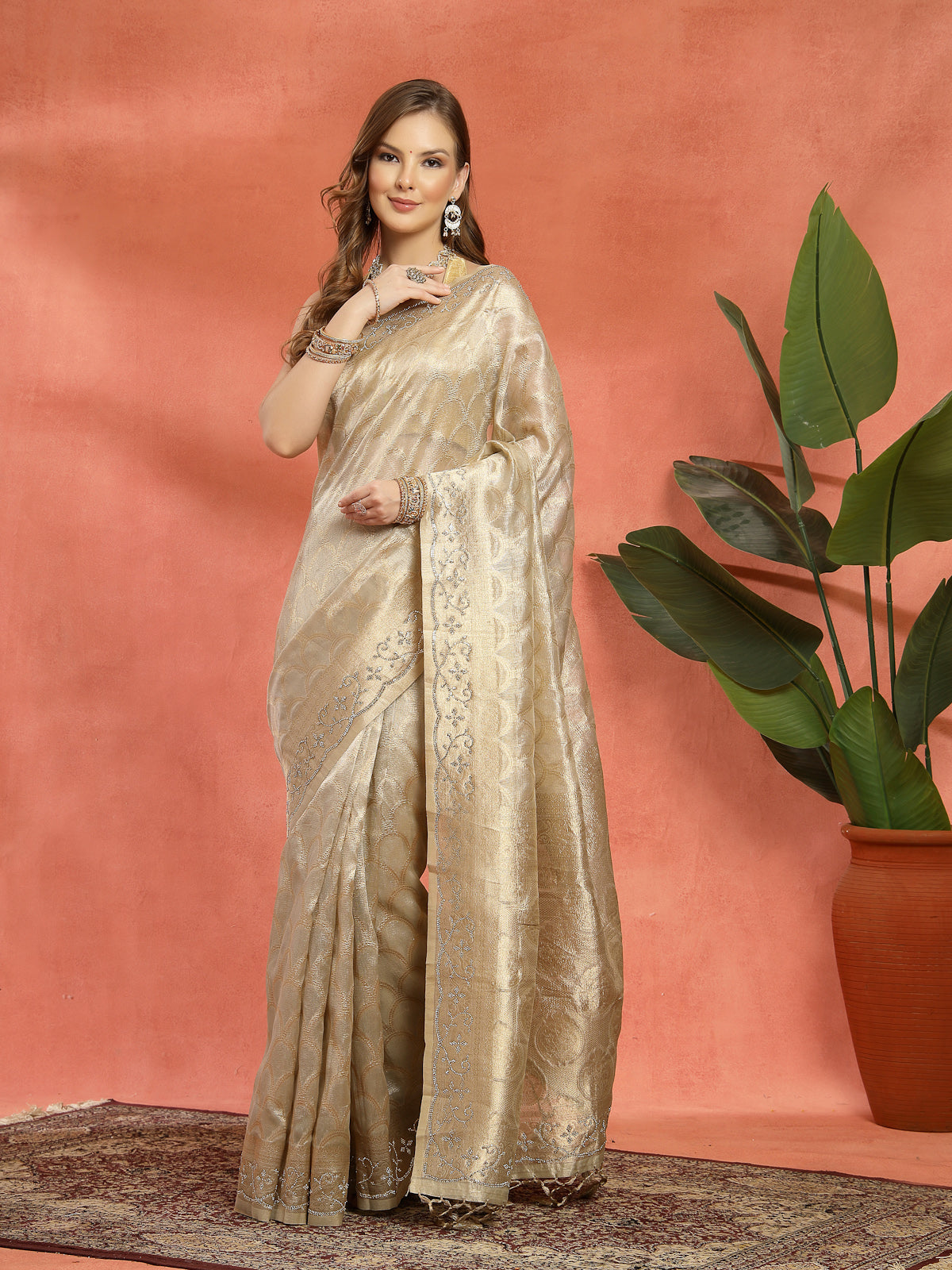 Champagne Cream Woven Satin Silk Saree