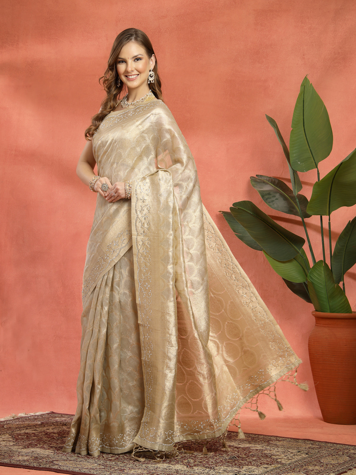 Champagne Cream Woven Satin Silk Saree