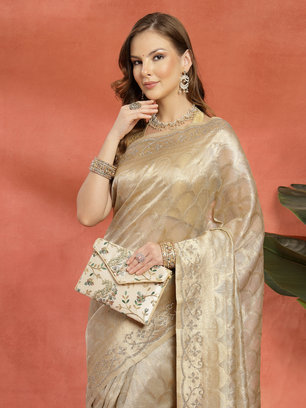 Champagne Cream Woven Satin Silk Saree