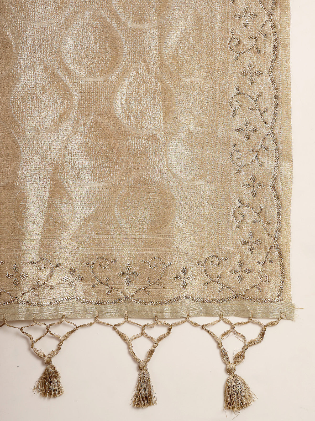 Champagne Cream Woven Satin Silk Saree