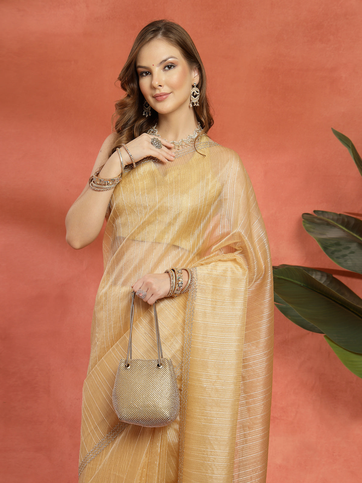 Champagne Beige Tissue Organza Designer Saree