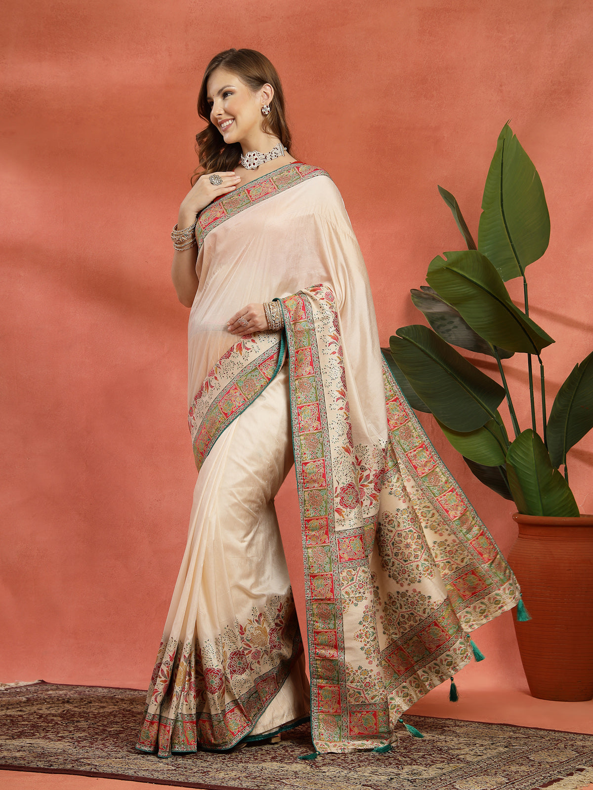 Ivory Handcrafted Satin Saree with Multicolor Embroidered Border