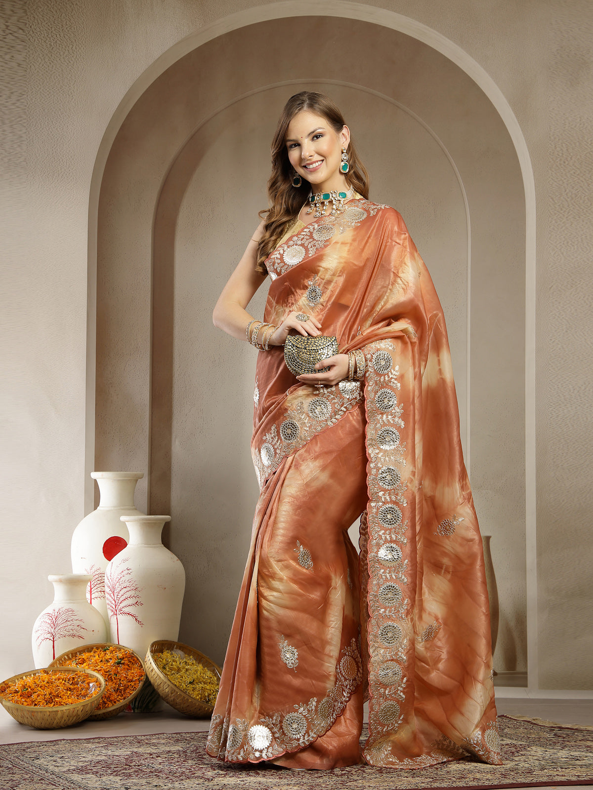 Rust Orange Organza Saree with Gold Silver Work and Designer Border