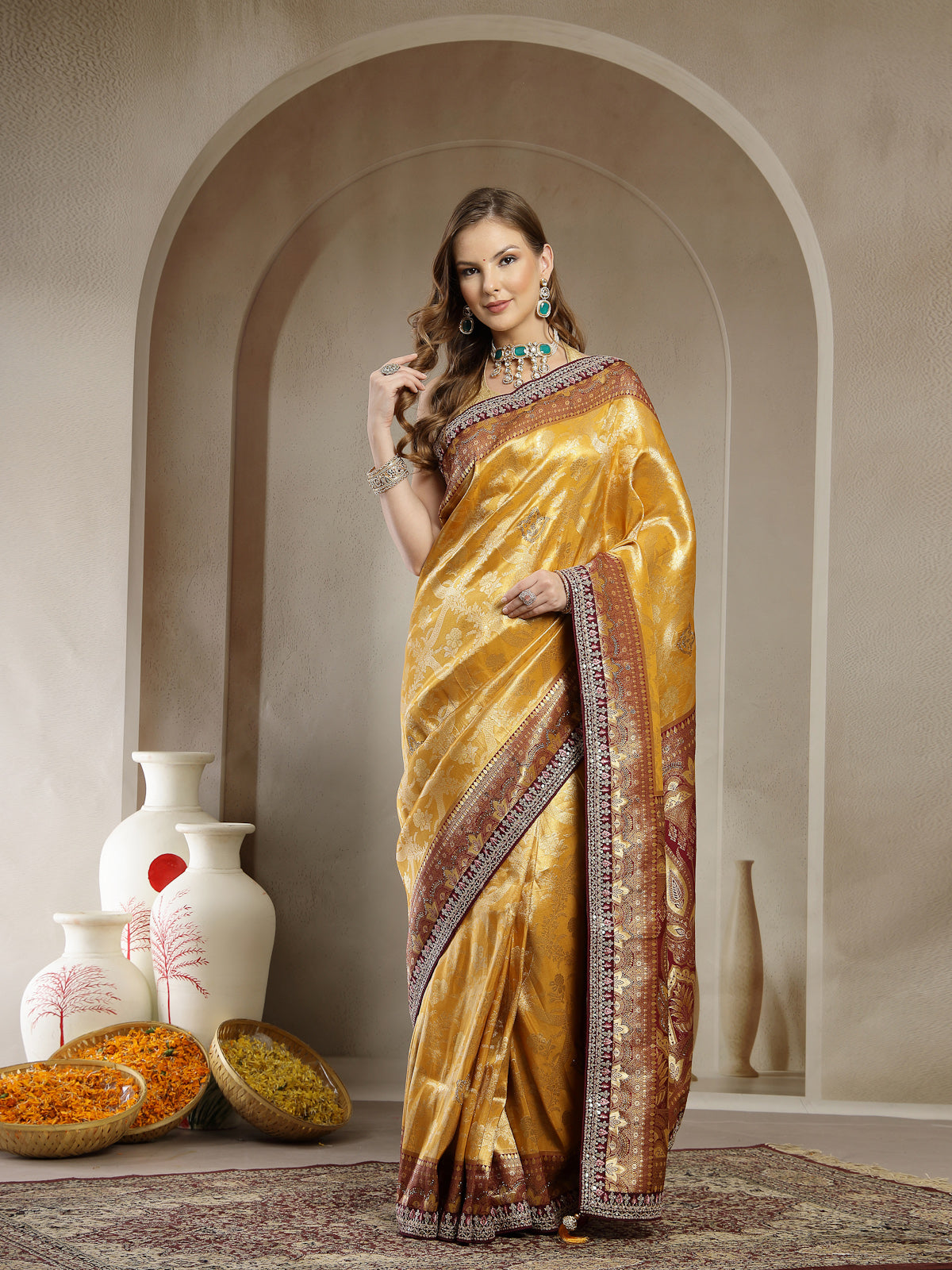 Mustard Golden Satin Saree Heavy Maroon Embroidered Border