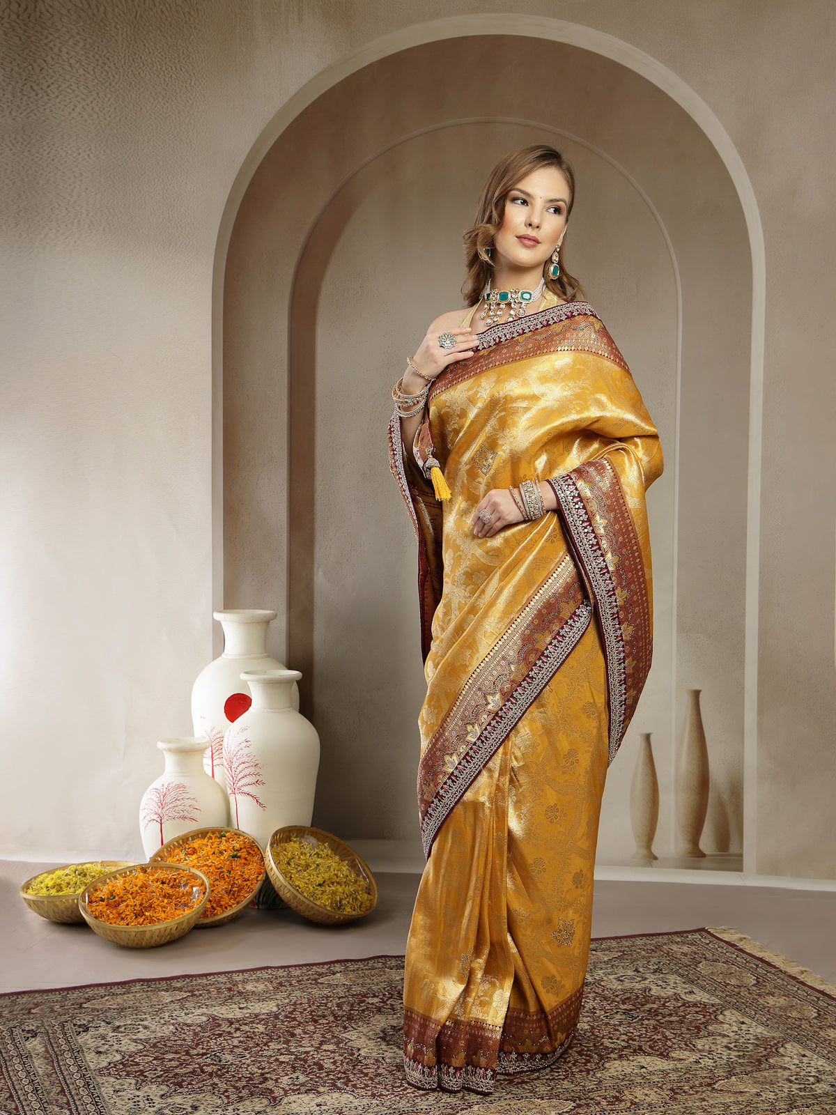 Mustard Golden Satin Saree Heavy Maroon Embroidered Border