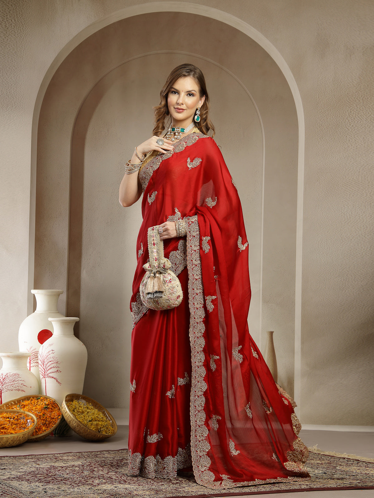 Crimson Red Organza Saree with Elegant Silver Embroidered Border