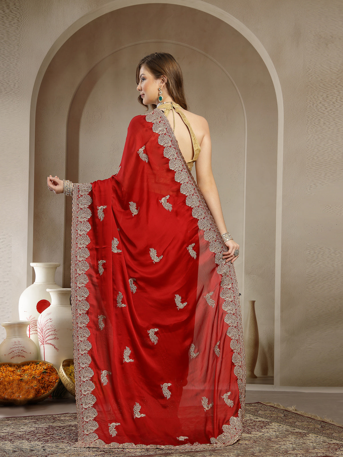 Crimson Red Organza Saree with Elegant Silver Embroidered Border