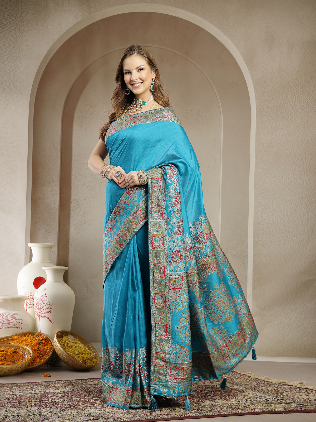 Turquoise Blue Traditional Satin Saree with Designer Border