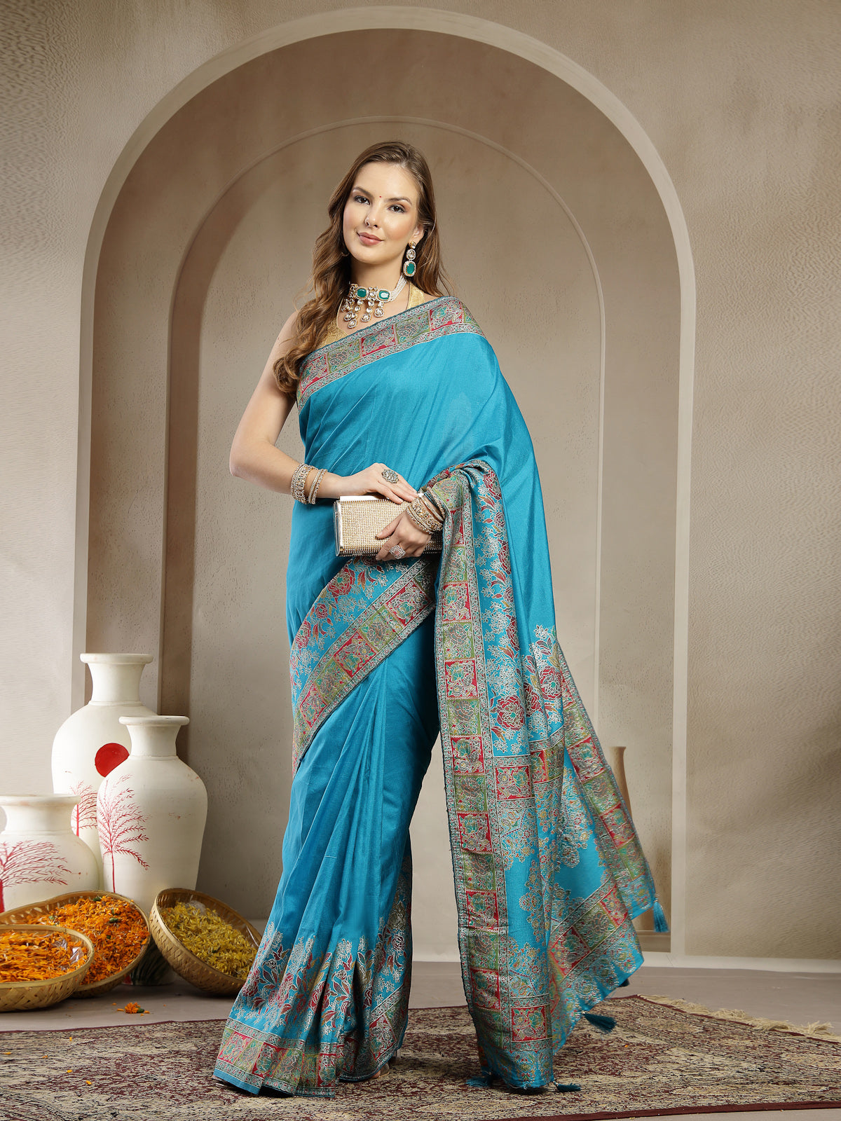 Turquoise Blue Traditional Satin Saree with Designer Border