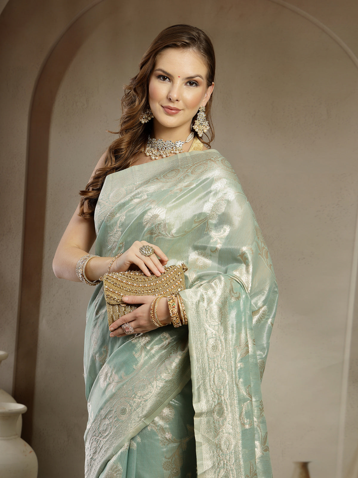 Mint Green Handwoven Satin Silk Saree