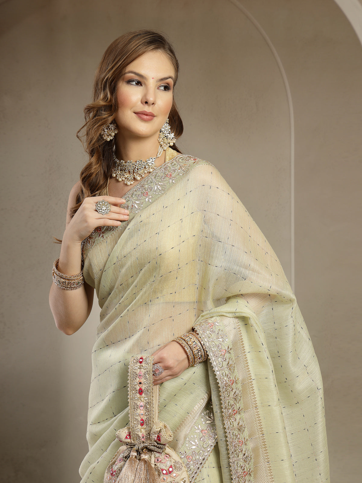 Pastel Pistachio Green Handcrafted Embroidered Organza Saree