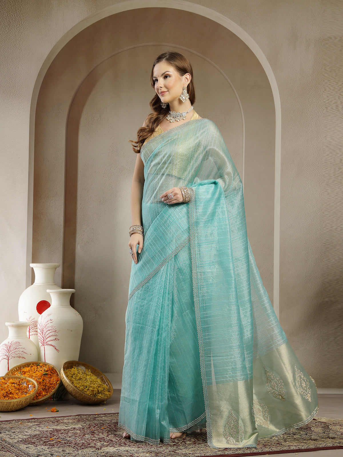 Elegant Aqua Blue Satin Silk Saree