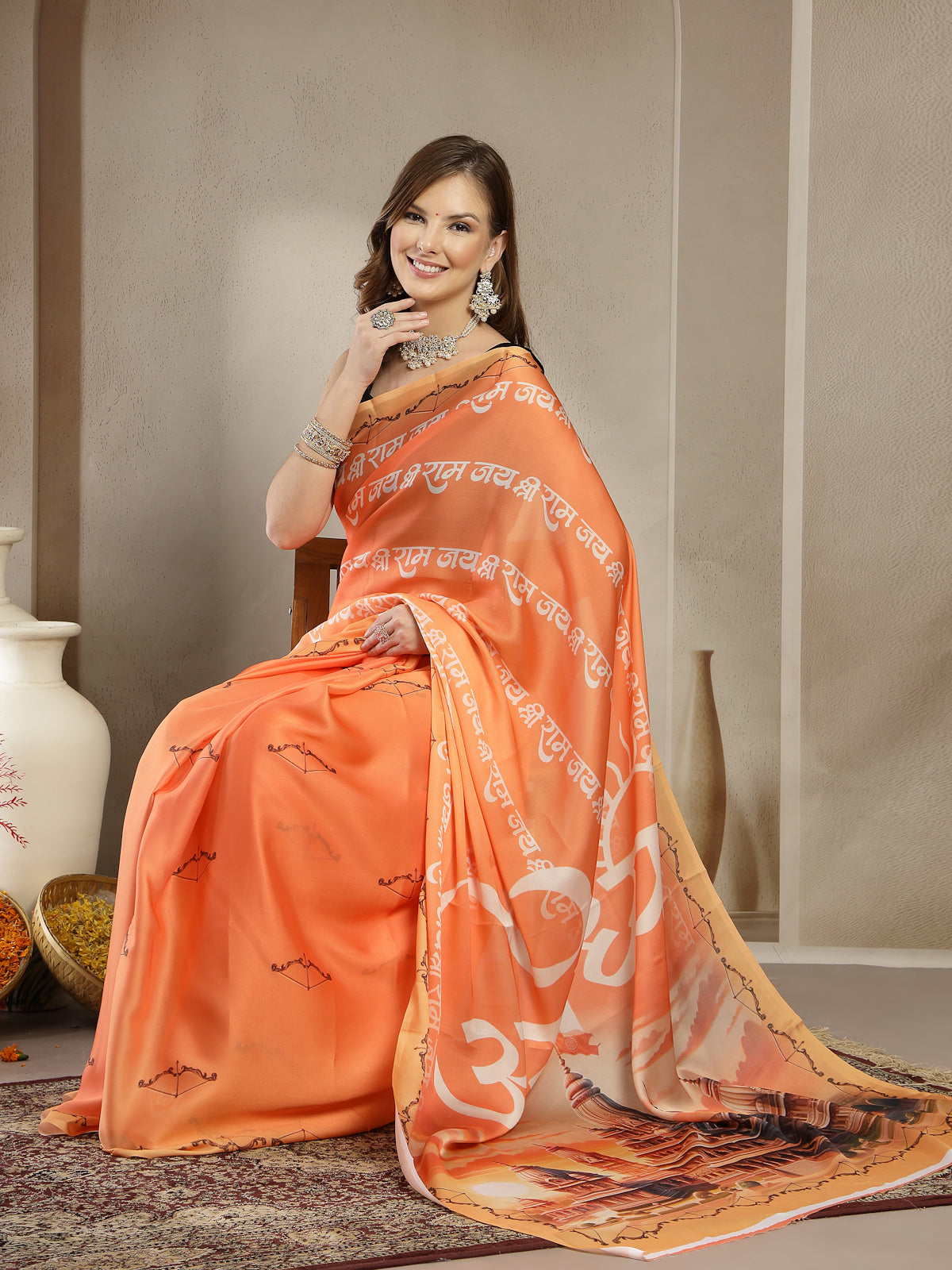 Saffron Orange Cultural Print Satin Saree