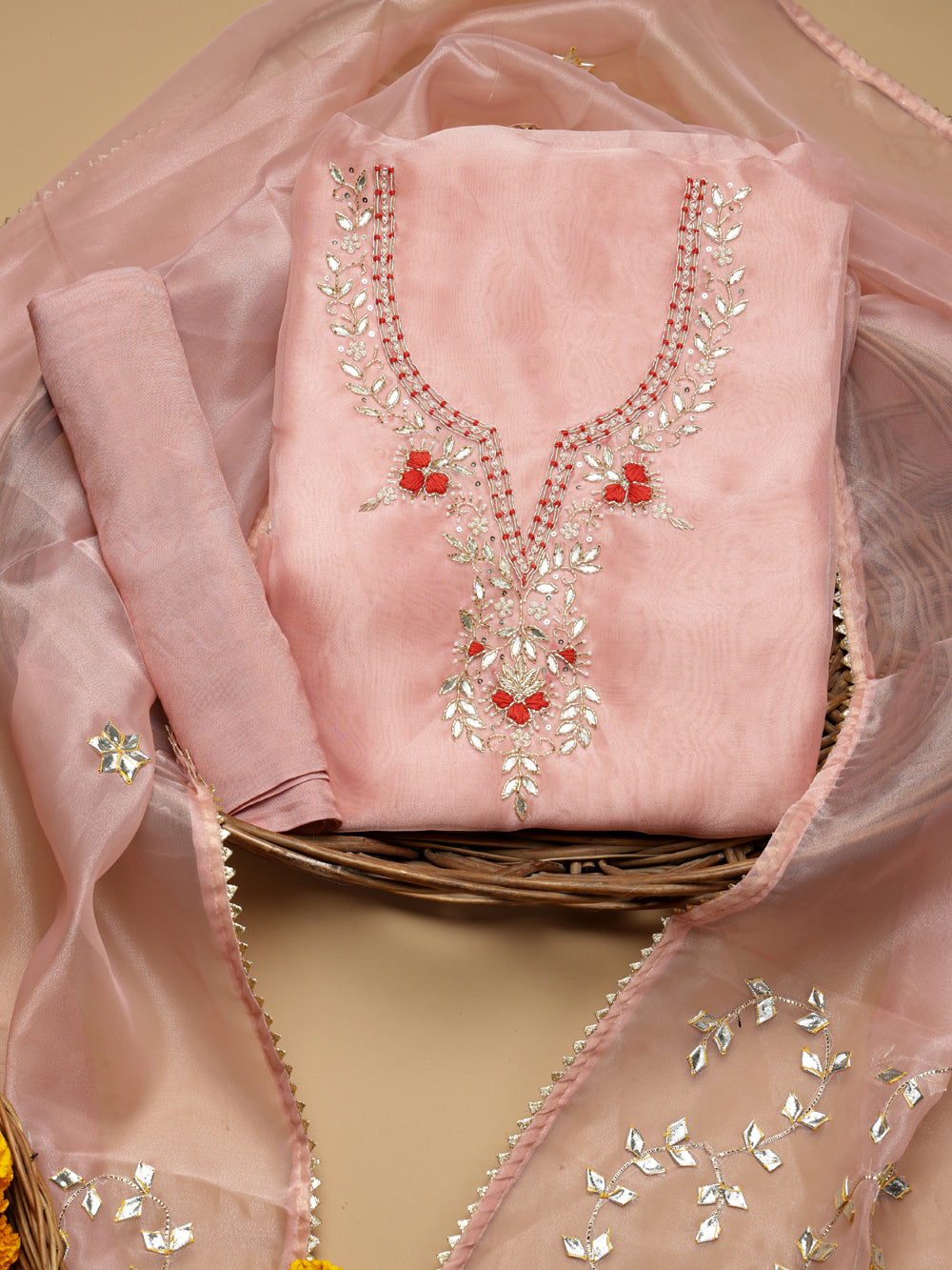 Light Pink Unstitched Suit with Handcrafted Heavy Gota Patti and Pearl Work