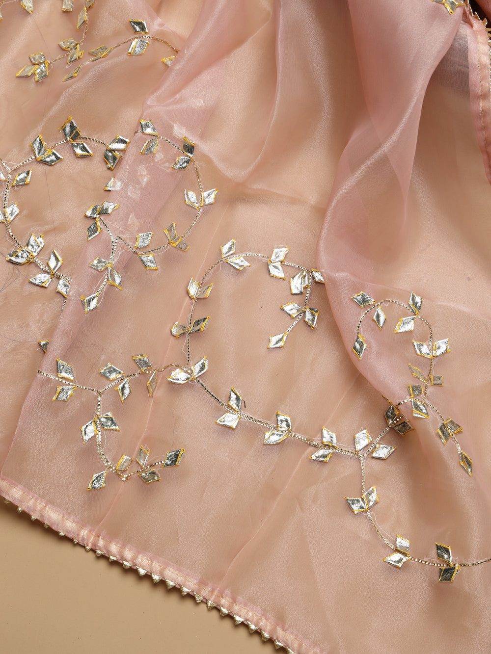 Light Pink Unstitched Suit with Handcrafted Heavy Gota Patti and Pearl Work
