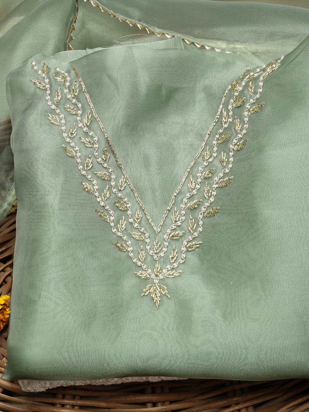 Soft Sage Green Unstitched Suit with Handcrafted Zardozi and Pearl Work