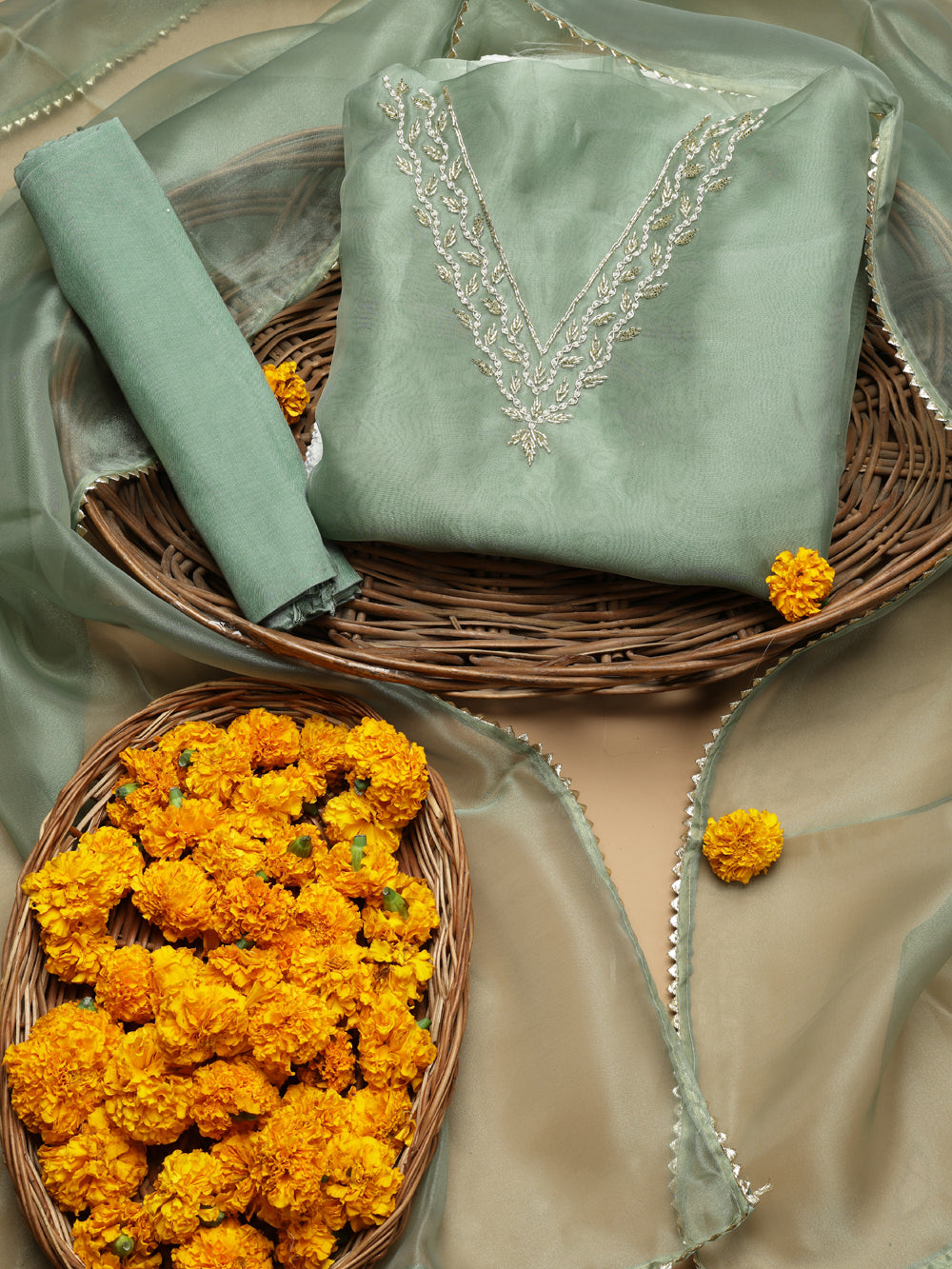 Soft Sage Green Unstitched Suit with Handcrafted Zardozi and Pearl Work