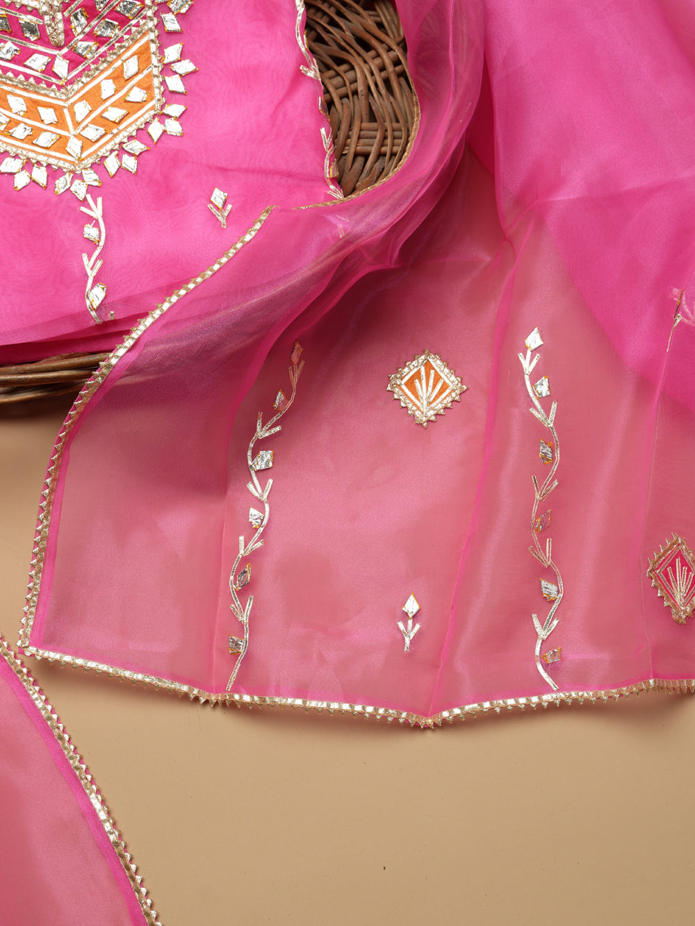 Rose Pink Unstitched Organza Tissue Suit Set with Opulent Gota Patti Embroidery