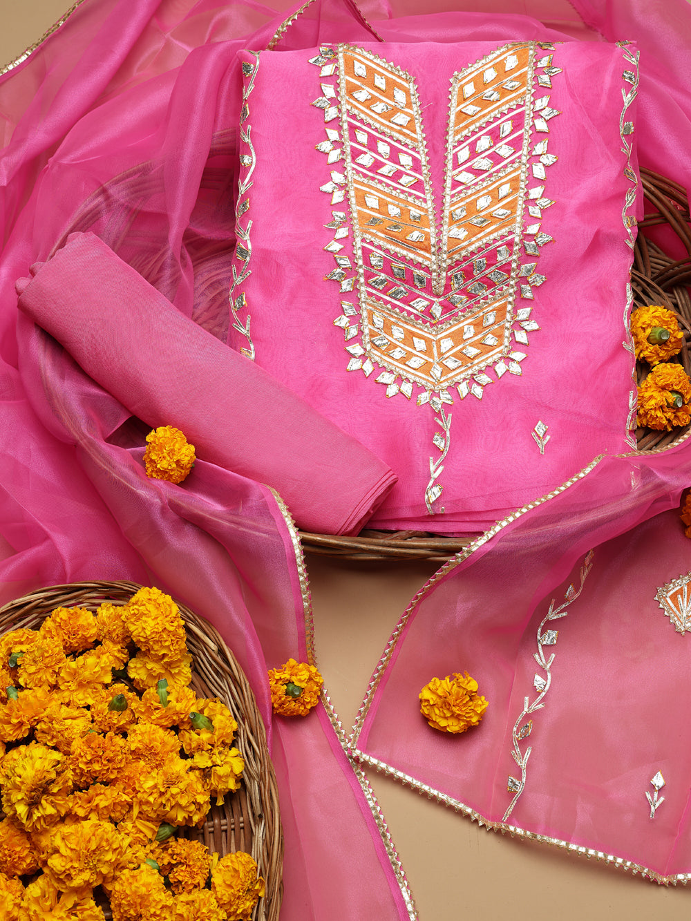 Rose Pink Unstitched Organza Tissue Suit Set with Opulent Gota Patti Embroidery