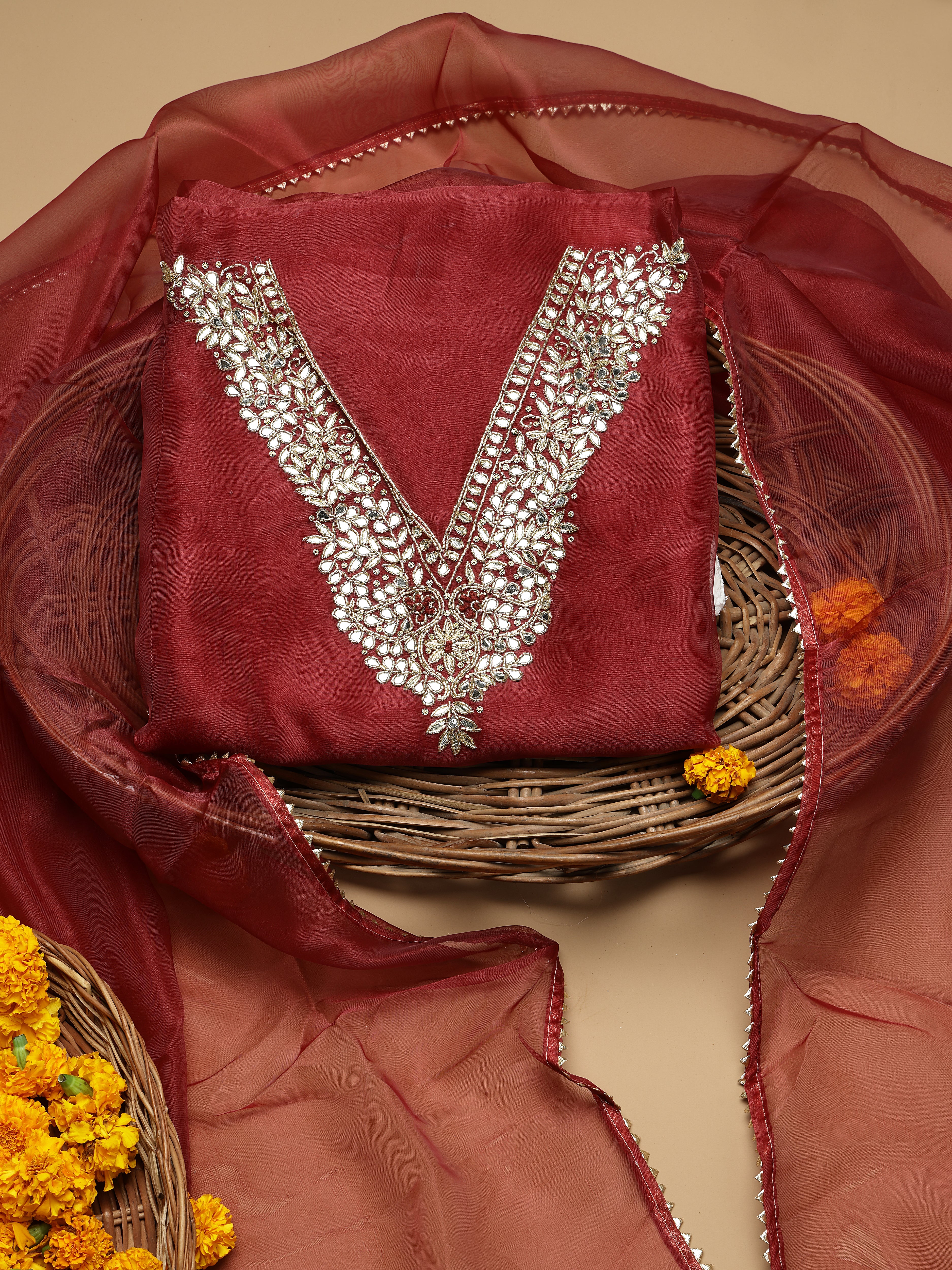 Deep Maroon Unstitched Organza Tissue Suit Set with Mirror and Gota Patti work