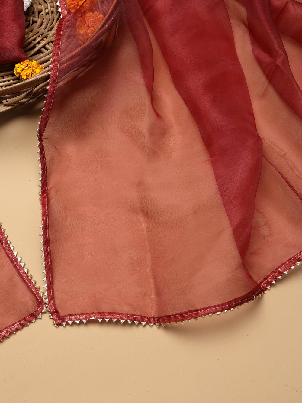 Deep Maroon Unstitched Organza Tissue Suit Set with Mirror and Gota Patti work