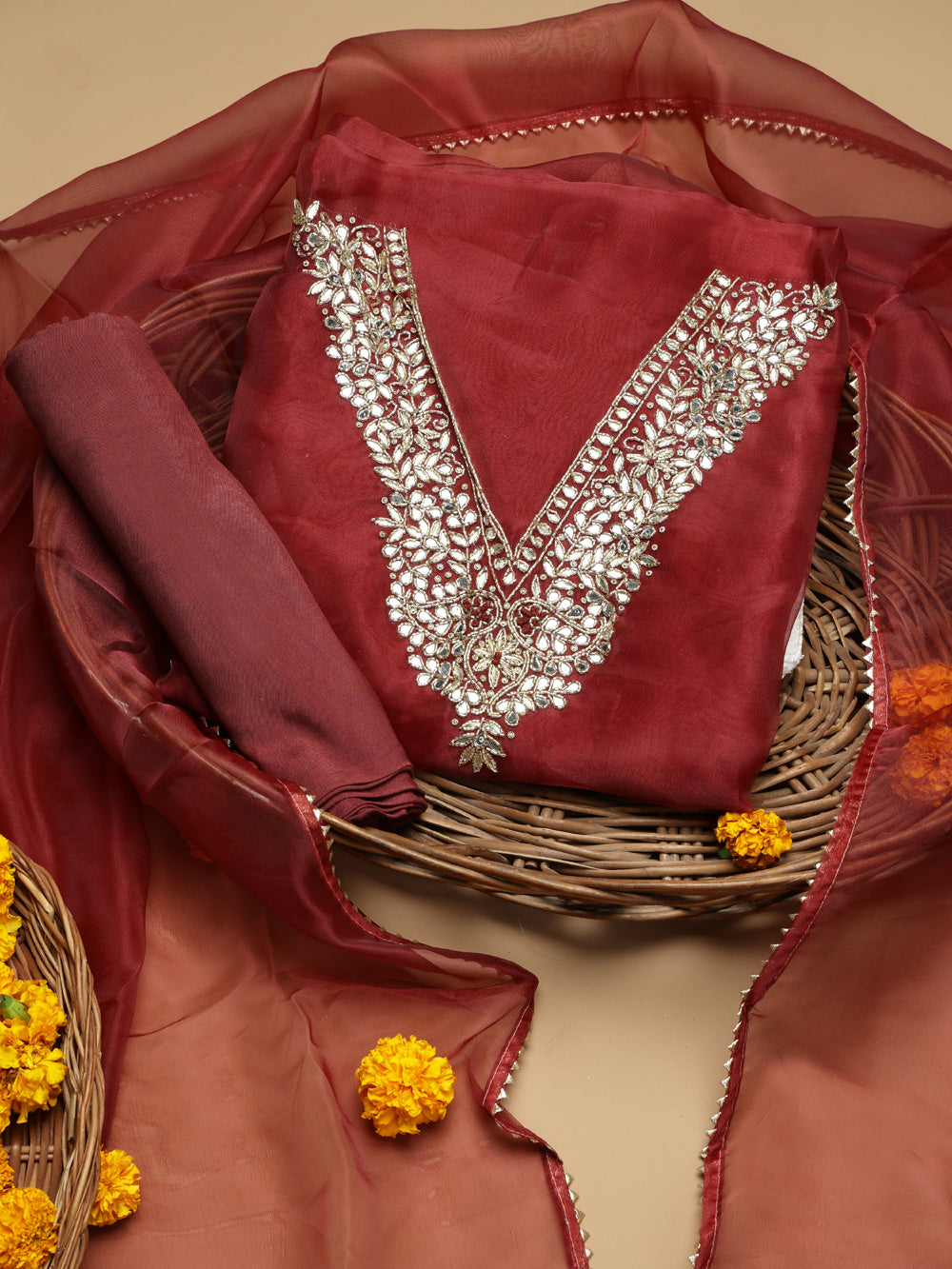 Deep Maroon Unstitched Organza Tissue Suit Set with Mirror and Gota Patti work