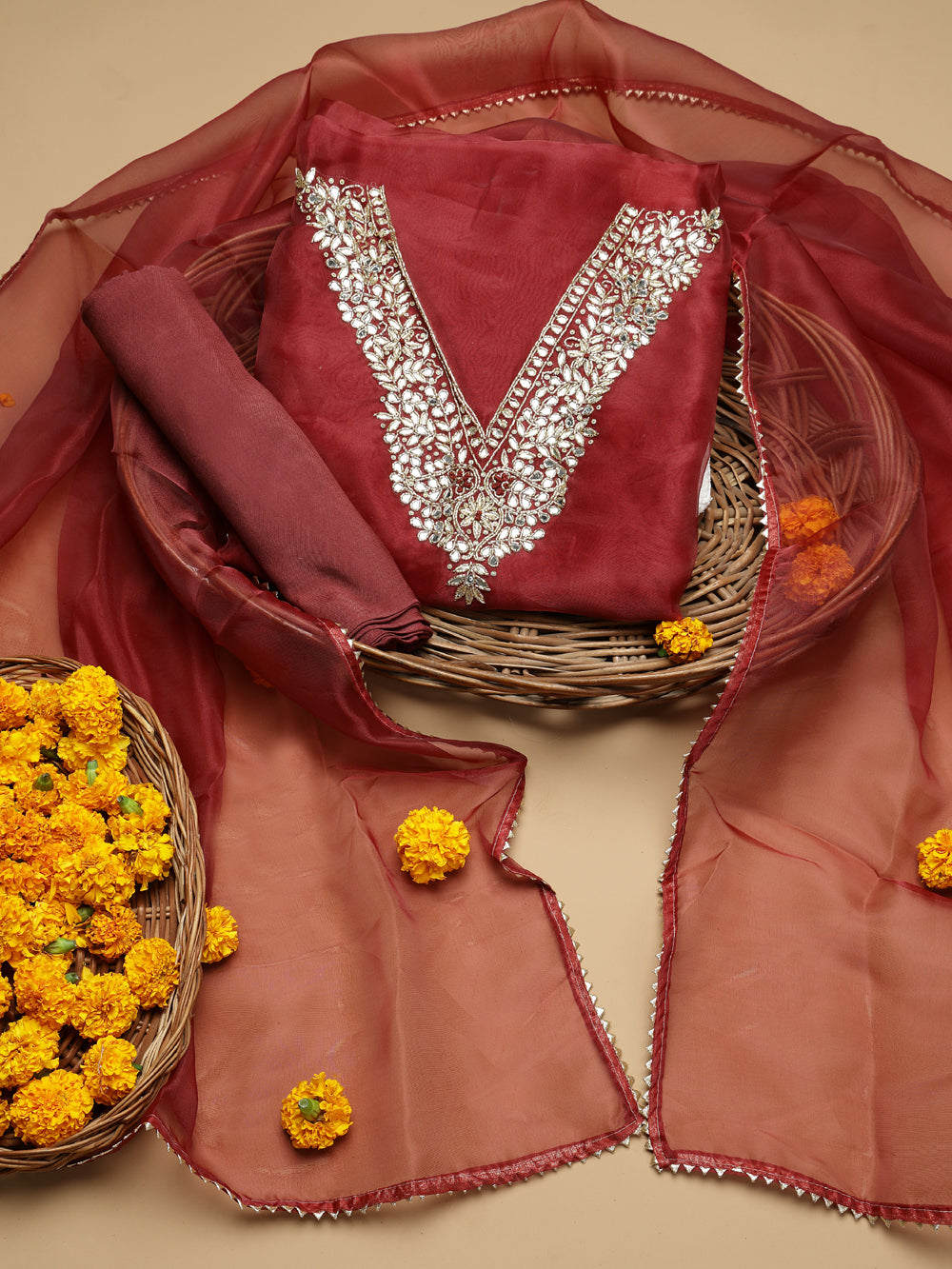 Deep Maroon Unstitched Organza Tissue Suit Set with Mirror and Gota Patti work