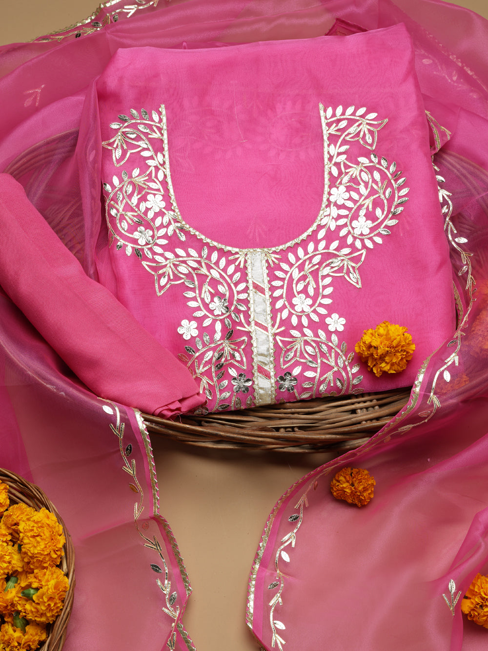 Rani Pink Unstitched Organza Tissue Suit Set with Gota Patti Work