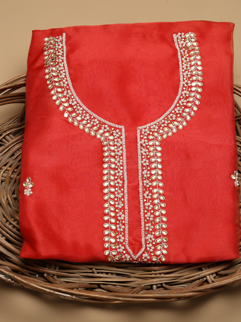 Bright Vermilion Red Unstitched Organza Tissue Suit Set with Kundan & Pearl Work