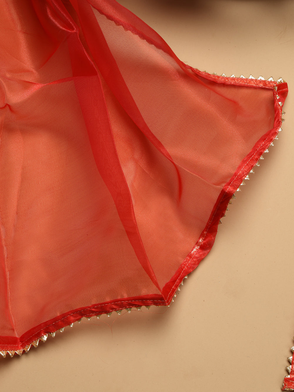 Bright Vermilion Red Unstitched Organza Tissue Suit Set with Kundan & Pearl Work