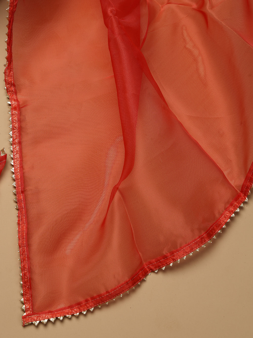 Bright Vermilion Red Unstitched Organza Tissue Suit Set with Kundan & Pearl Work