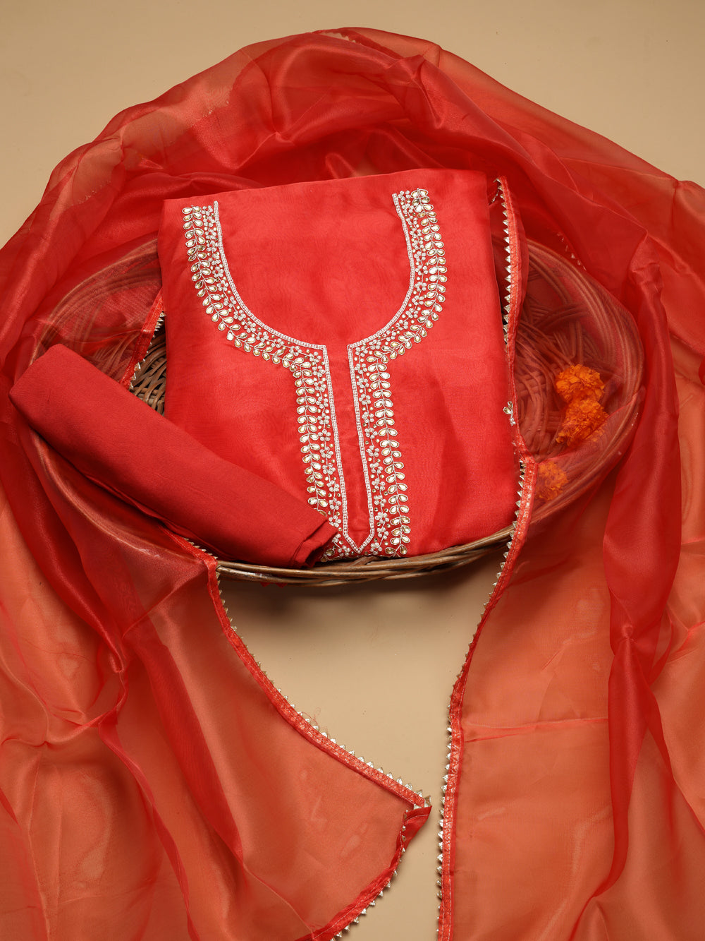 Bright Vermilion Red Unstitched Organza Tissue Suit Set with Kundan & Pearl Work