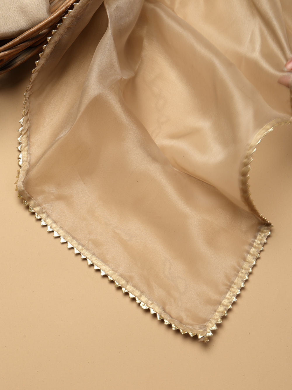 Champagne Beige Unstitched Organza Tissue Suit Set with Kundan & Pearl Handwork