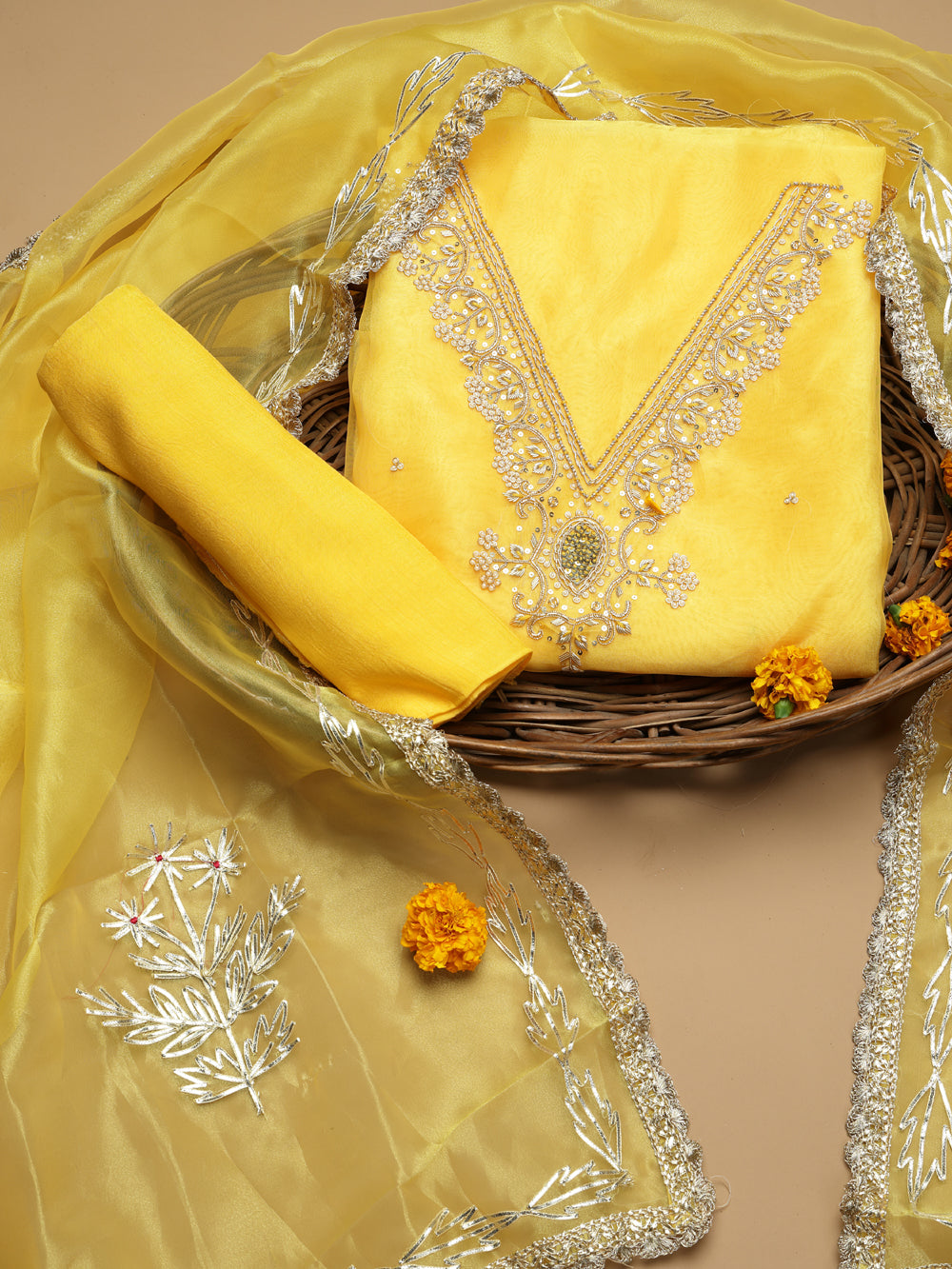Sunny Mustard Yellow Unstitched Organza Tissue Suit Set with Zardozi & Pearl Work