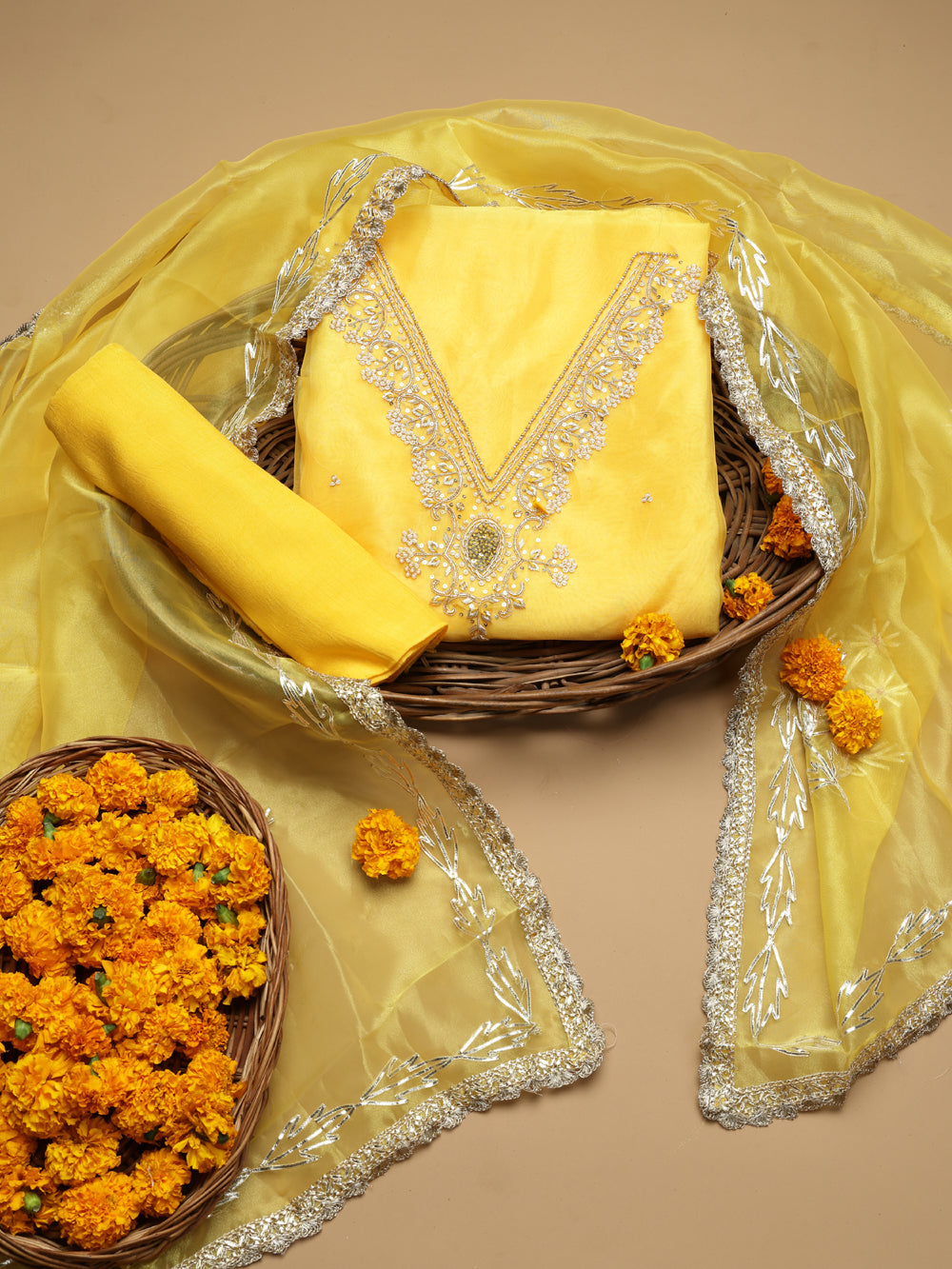 Sunny Mustard Yellow Unstitched Organza Tissue Suit Set with Zardozi & Pearl Work